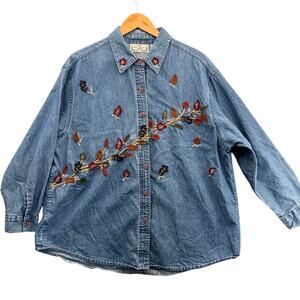Sara Studio Vintage Fall Leaves Embroidered Long Sleeve Denim Shirt Women 2XL